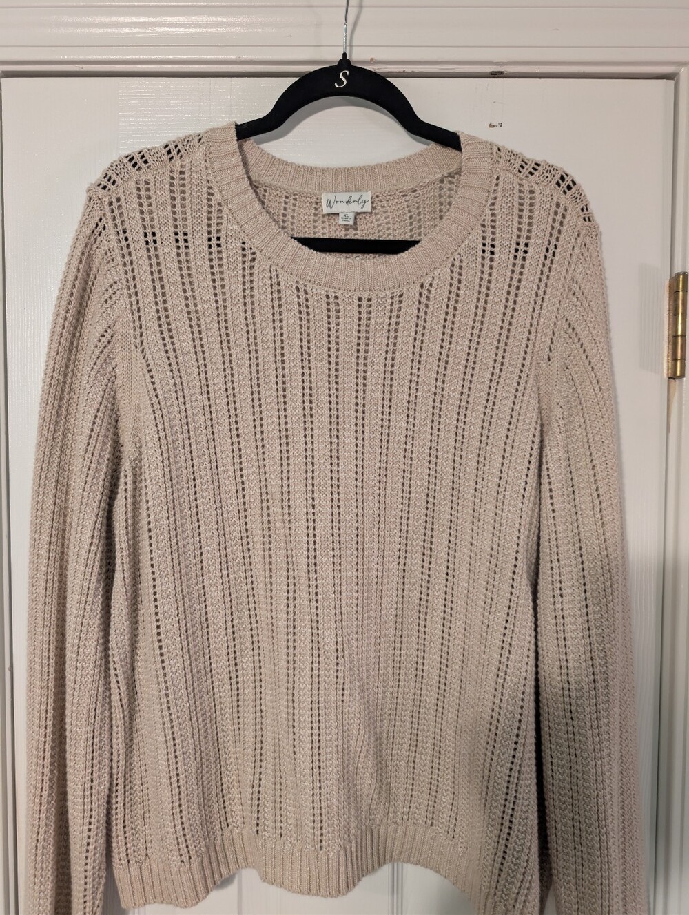 Wonderly Open-Knit Crewneck Sweater in Light Beige